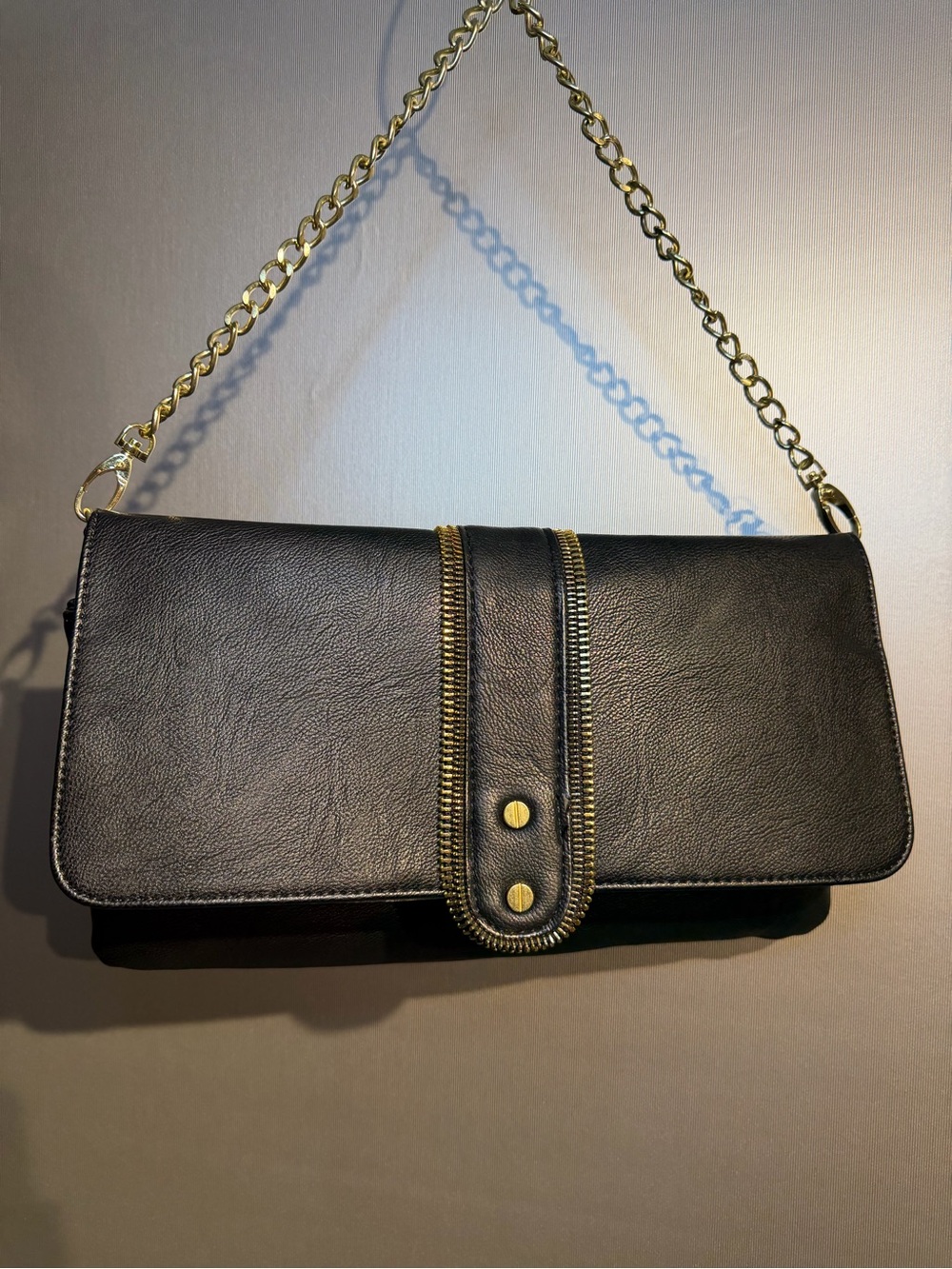 Olivia + Joy Black Clutch with Gold Chain Strap